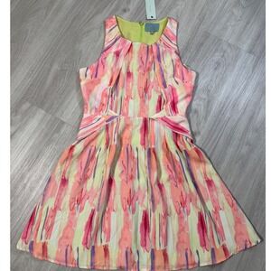 Skies Are Blue Womens Flare Dress M Pink Orange Lime Green Watercolor Abstract